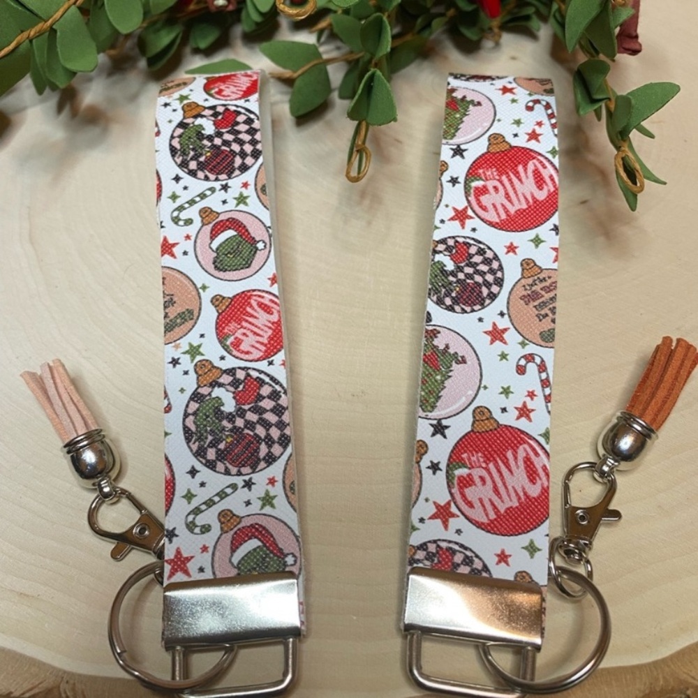 Grinch Ornaments Design Faux Leather Keychain (price is for 1)